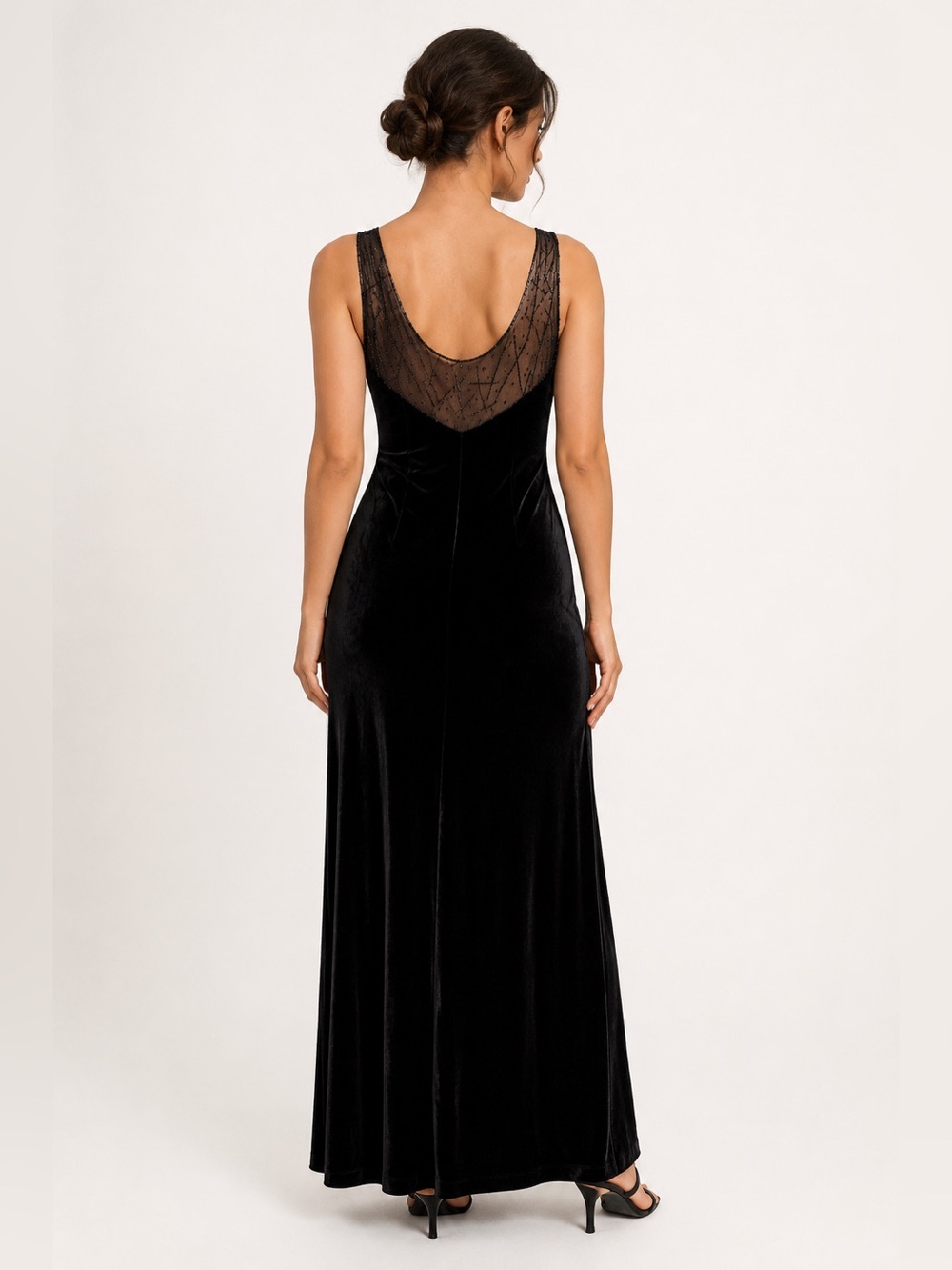 Laundry Shelli Segal Black Velvet Beaded Mesh Gown Formal Evening Maxi Sz 6